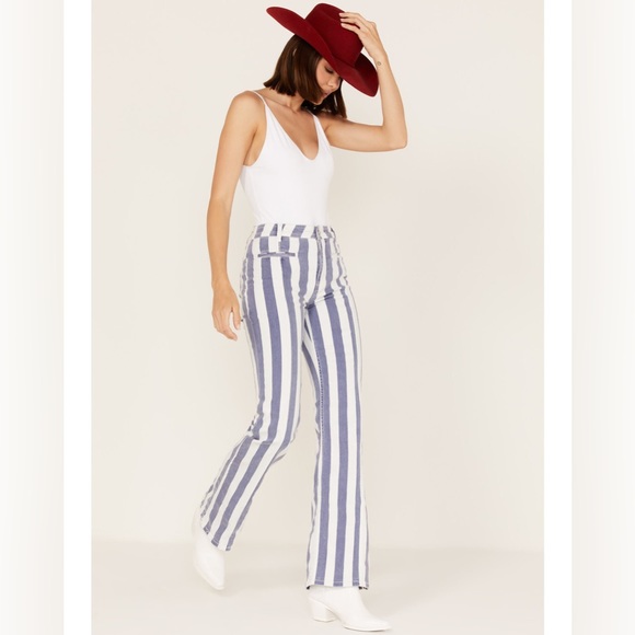 Free People Firecracker Striped Blue Combo Flare Jeans Size 24 - Picture 2 of 4